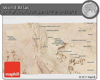 Satellite 3D Map of the Area around 28° 18' 5" N, 60° 25' 29" E