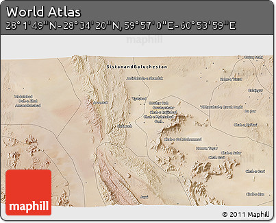 Satellite 3D Map of the Area around 28° 18' 5" N, 60° 25' 29" E