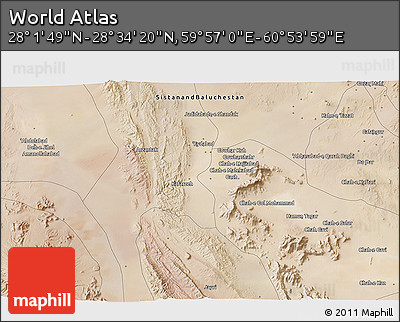 Satellite 3D Map of the Area around 28° 18' 5" N, 60° 25' 29" E