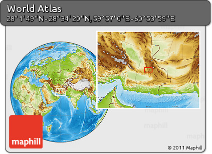 Physical Location Map of the Area around 28° 18' 5" N, 60° 25' 29" E