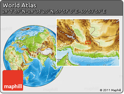 Physical Location Map of the Area around 28° 18' 5" N, 60° 25' 29" E