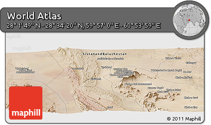Satellite Panoramic Map of the Area around 28° 18' 5" N, 60° 25' 29" E