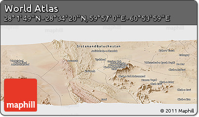 Satellite Panoramic Map of the Area around 28° 18' 5" N, 60° 25' 29" E