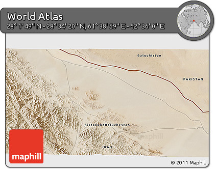 Satellite 3D Map of the Area around 28° 18' 5" N, 62° 7' 30" E