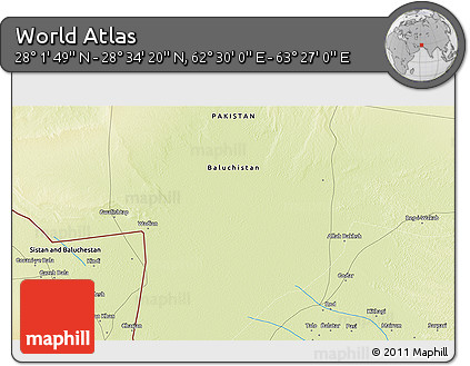 Physical 3D Map of the Area around 28° 18' 5" N, 62° 58' 30" E