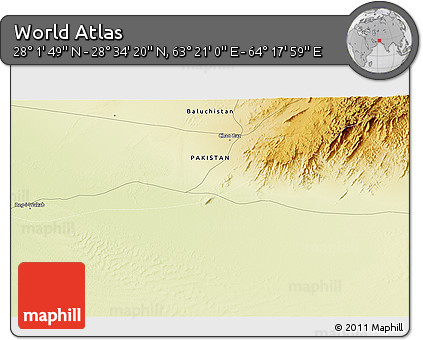 Physical 3D Map of the Area around 28° 18' 5" N, 63° 49' 30" E