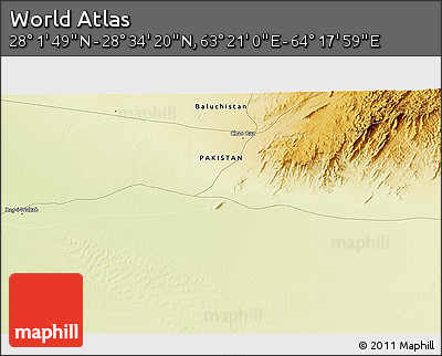 Physical 3D Map of the Area around 28° 18' 5" N, 63° 49' 30" E