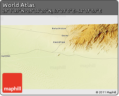 Physical 3D Map of the Area around 28° 18' 5" N, 63° 49' 30" E