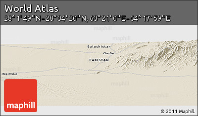 Shaded Relief Panoramic Map of the Area around 28° 18' 5" N, 63° 49' 30" E