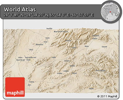 Satellite 3D Map of the Area around 28° 18' 5" N, 66° 22' 30" E