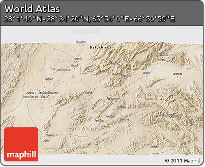 Satellite 3D Map of the Area around 28° 18' 5" N, 66° 22' 30" E