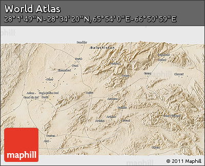 Satellite 3D Map of the Area around 28° 18' 5" N, 66° 22' 30" E