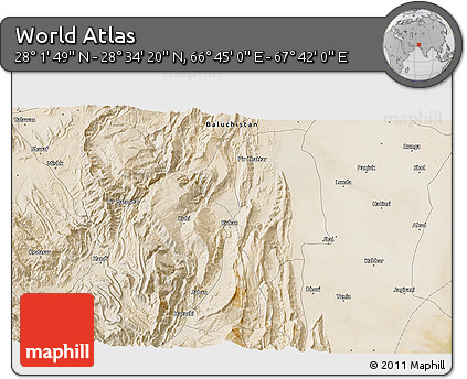 Satellite 3D Map of the Area around 28° 18' 5" N, 67° 13' 29" E