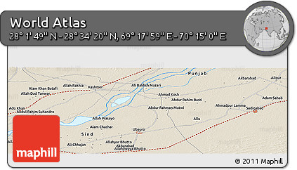Shaded Relief Panoramic Map of the Area around 28° 18' 5" N, 69° 46' 30" E