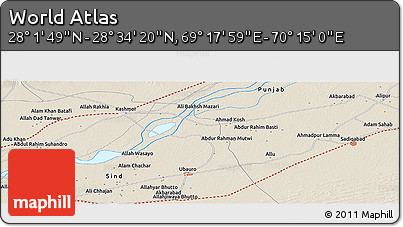Shaded Relief Panoramic Map of the Area around 28° 18' 5" N, 69° 46' 30" E