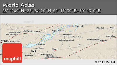 Shaded Relief Panoramic Map of the Area around 28° 18' 5" N, 69° 46' 30" E