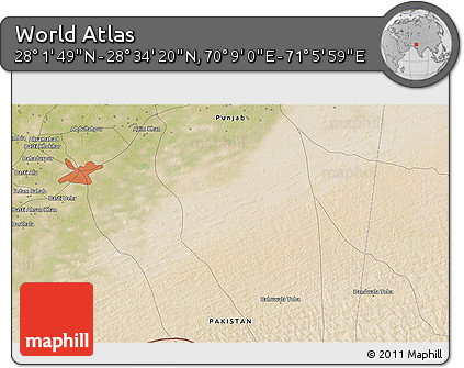 Satellite 3D Map of the Area around 28° 18' 5" N, 70° 37' 30" E