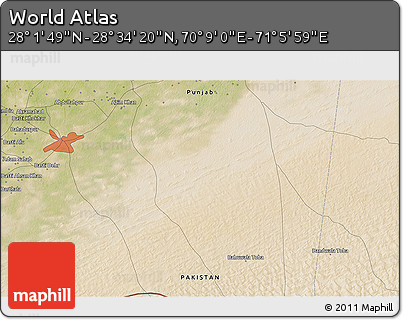 Satellite 3D Map of the Area around 28° 18' 5" N, 70° 37' 30" E