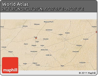 Satellite 3D Map of the Area around 28° 18' 5" N, 74° 1' 30" E