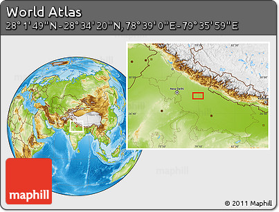 Physical Location Map of the Area around 28° 18' 5" N, 79° 7' 30" E