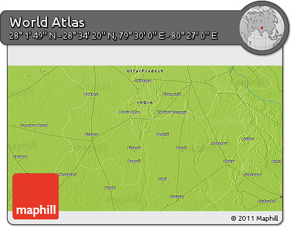 Physical 3D Map of the Area around 28° 18' 5" N, 79° 58' 29" E