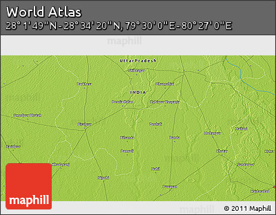 Physical 3D Map of the Area around 28° 18' 5" N, 79° 58' 29" E