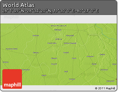 Physical 3D Map of the Area around 28° 18' 5" N, 79° 58' 29" E