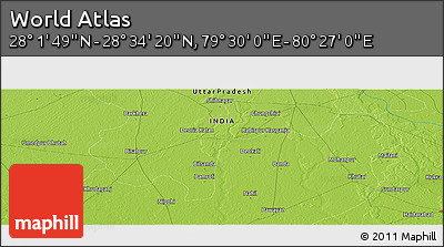 Physical Panoramic Map of the Area around 28° 18' 5" N, 79° 58' 29" E