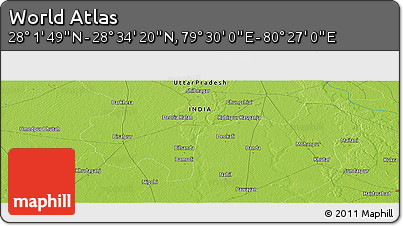 Physical Panoramic Map of the Area around 28° 18' 5" N, 79° 58' 29" E