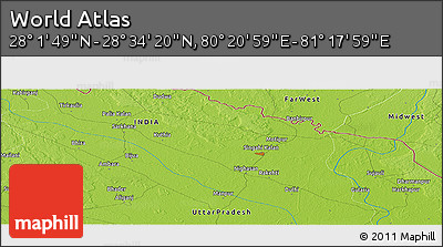 Physical Panoramic Map of the Area around 28° 18' 5" N, 80° 49' 29" E