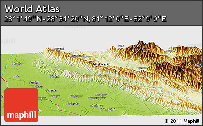 Physical Panoramic Map of the Area around 28° 18' 5" N, 81° 40' 30" E