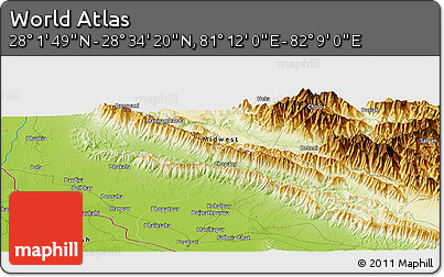Physical Panoramic Map of the Area around 28° 18' 5" N, 81° 40' 30" E