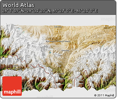 Satellite 3D Map of the Area around 28° 18' 5" N, 85° 55' 30" E