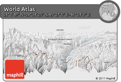 Physical Panoramic Map of the Area around 28° 18' 5" N, 85° 55' 30" E