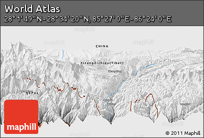 Physical Panoramic Map of the Area around 28° 18' 5" N, 85° 55' 30" E