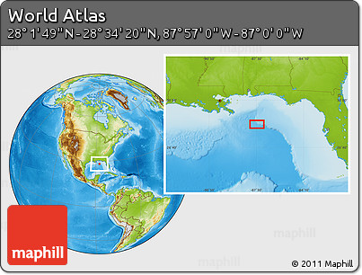 Physical Location Map of the Area around 28° 18' 5" N, 87° 28' 29" W