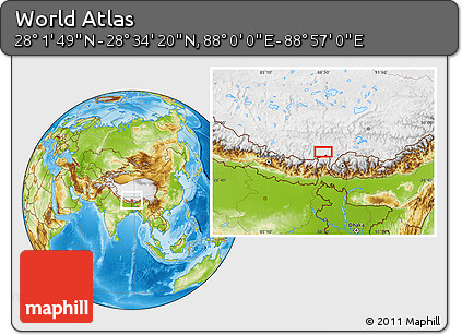 Physical Location Map of the Area around 28° 18' 5" N, 88° 28' 29" E