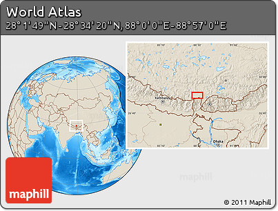 Shaded Relief Location Map of the Area around 28° 18' 5" N, 88° 28' 29" E