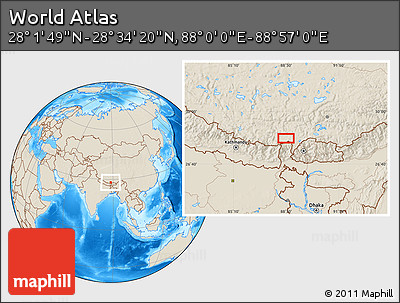 Shaded Relief Location Map of the Area around 28° 18' 5" N, 88° 28' 29" E