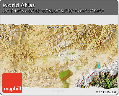 Satellite 3D Map of the Area around 28° 18' 5" N, 89° 19' 29" E