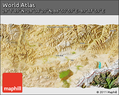 Satellite 3D Map of the Area around 28° 18' 5" N, 89° 19' 29" E