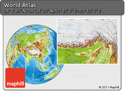 Physical Location Map of the Area around 28° 18' 5" N, 92° 43' 29" E