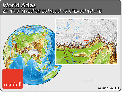 Physical Location Map of the Area around 28° 18' 5" N, 92° 43' 29" E
