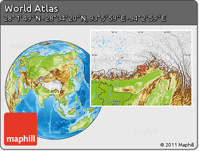 Physical Location Map of the Area around 28° 18' 5" N, 93° 34' 29" E