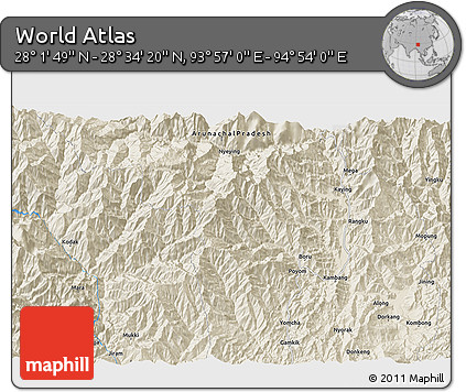 Shaded Relief 3D Map of the Area around 28° 18' 5" N, 94° 25' 30" E