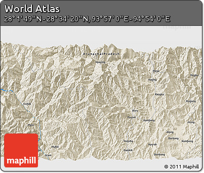 Shaded Relief 3D Map of the Area around 28° 18' 5" N, 94° 25' 30" E