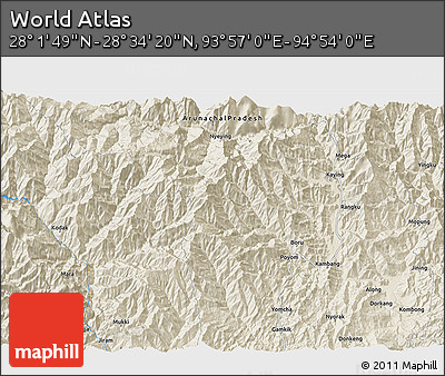 Shaded Relief 3D Map of the Area around 28° 18' 5" N, 94° 25' 30" E
