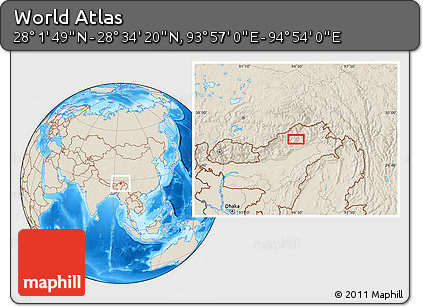 Shaded Relief Location Map of the Area around 28° 18' 5" N, 94° 25' 30" E