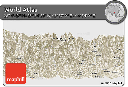 Shaded Relief Panoramic Map of the Area around 28° 18' 5" N, 94° 25' 30" E