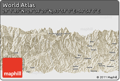 Shaded Relief Panoramic Map of the Area around 28° 18' 5" N, 94° 25' 30" E